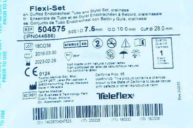 Teleflex 504575 Flexi-Set Endotracheal Tube & Stylet 7.5 ID x 10.0mm OD x 28.0mm
